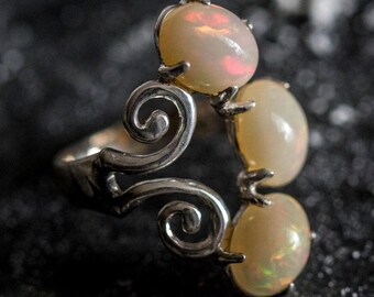Fire Opal Ring, Natural Opal, Long Boho Ring, 3 Stone Ring, October Birthstone, Artistic Ring, Vintage Ring, Long Opal Ring, Rare By Adina