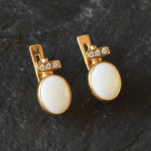 Fire Opal Gold Earrings, Natural Opal Earrings, Bridal Earrings, White Oval Earrings, October Birthstone, Opal Earrings, Rare by Adina
