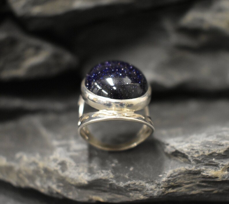 Blue Sandstone Ring, Natural Sandstone, Night Sky Ring, Artistic Ring, Large Sandstone Ring, Black Ring, Sparkly Ring, Solid Silver Ring image 3