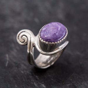 Swirl Purple Ring, Real Charoite, Purple Statement Ring, Silver Charoite Ring, Purple Designer Ring, Purple Ring Gift, Rare By Adina