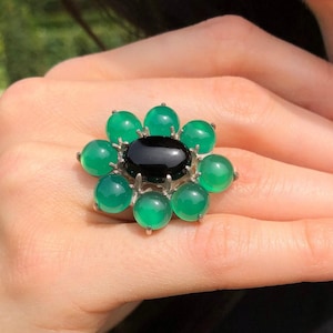 Large Flower Ring, Created Emerald, Retro Ring, Statement Ring, Big Green Ring, Multistone Ring, Large Floral Ring, Solid Silver Ring, Onyx