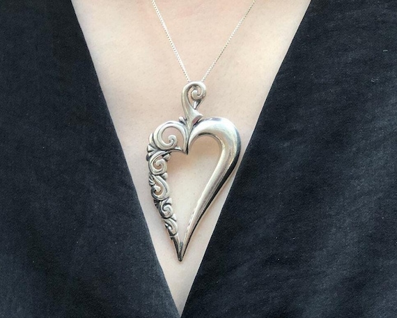 Silver Heart Pendant, Solid Silver Pendant, Long Pendant, Statement Pendant, Big Heart Pendant, Artistic Pendant, Artisan Heart, Love Symbol