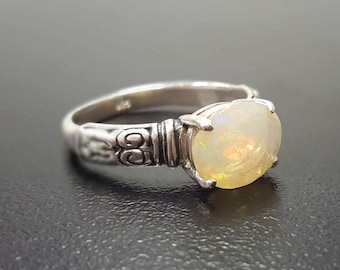 Vintage Opal Ring, Natural Opal, Fire Opal Ring, October Birthstone, Opal Tribal Ring,  Silver Solitaire Ring, October Gift, Rare by Adina