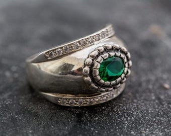 Wide Emerald Band, Created Emerald, Wide Solitaire Ring, Vintage Ring, Statement Band, Unisex Ring, Solitaire Band, Sterling Silver Ring