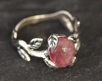 Flower Tourmaline Ring, Real Pink Tourmaline, Pink Leaf Ring, October Ring, Branch Ring, Silver Vintage Ring, Artistic Ring, Rare by Adina