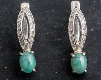 Drop Emerald Earrings, Natural Emerald, Green Vintage Earrings, Emerald Earrings, Oval Emerald Earrings, Long Silver Earrings, Rare by Adina