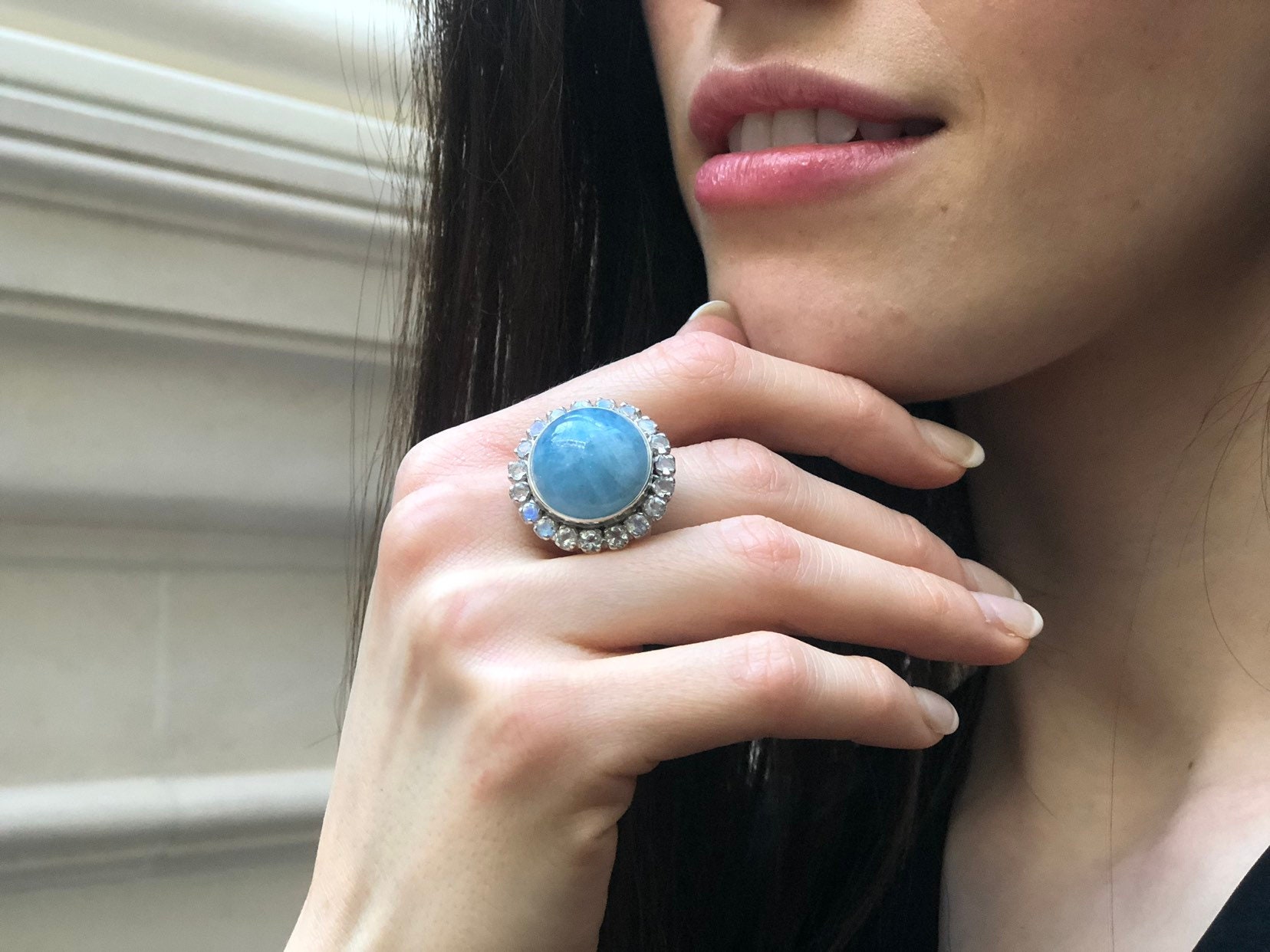 Aquamarine Ring Natural Aquamarine Moonstone Ring Statement Etsy