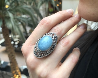 Akvamarinring, naturlig akvamarin, antik ring, mars födelsesten, stor akvamarinring, marsring, blå vintagering, massiv silverring