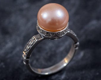 Beige Pearl Ring, Natural Pearl Ring, June Birthstone Ring, Round Pearl Ring, Silver Pearl Ring, Vintage Pearl Ring, Rare by Adina