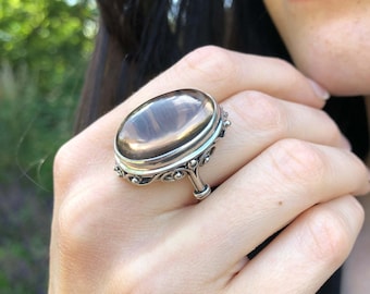 Anillo de topacio ahumado, topacio ahumado natural, anillo antiguo, anillo vintage, anillo ovalado grande, piedra de nacimiento de diciembre, anillo llamativo y grueso, anillo de plata