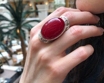 Statement Red Ring, Natural Red Agate, Large Stone Ring, Leo Birthstone, Vintage Ring, Carnelian Ring, Bohemian Ring, Solid Silver Ring