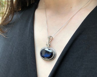 Royal Blau Anhänger, Saphir Anhänger, erstellt Sapphir, Blau Anhänger, Vintage Anhänger, viktorianischen Anhänger, Silber Anhänger, Groß Blau Anhänger