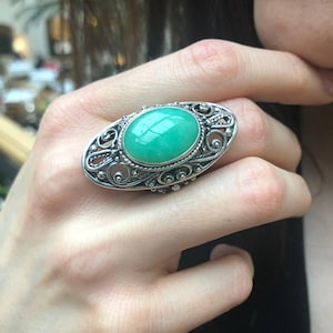 Large Green Ring, REAL Chrysoprase, Green Ornamental Band, Victorian Statement Ring, Edwardian Ring, Antique Silver Ring, Adina Stone