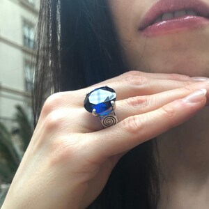 Blue Sapphire Ring, Sapphire Ring, Created Sapphire, Blue Round Ring, Round Statement Ring, Blue Diamond Ring, Vintage Ring, 925 Silver Ring image 8