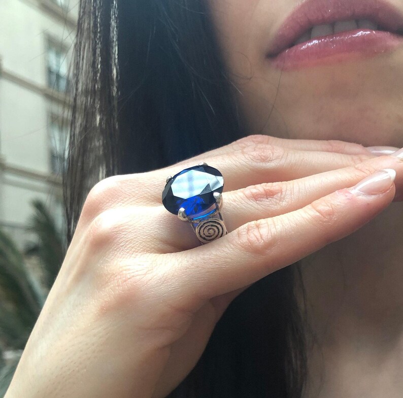 Blue Sapphire Ring, Sapphire Ring, Created Sapphire, Blue Round Ring, Round Statement Ring, Blue Diamond Ring, Vintage Ring, 925 Silver Ring image 8
