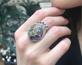 Natural Topaz Ring, December Birthstone, Three Stone Ring,  Harp Ring, Silver Statement Ring, Colorful Ring, For Her, Rare by Adina