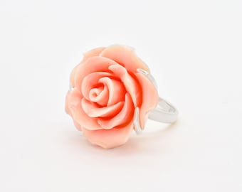 Large Rose Ring, Created Coral, Statement Ring, Flower Ring, Romantic Ring, Carved Ring, Large Pink Ring, Angel Skin Ring, Solid Silver Ring