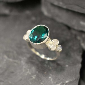 Emerald Bezel Ring, Natural Moonstone Ring, Created Emerald Ring, Vintage Ring, June Birthstone, Silver Emerald Ring, For Her, Rare By Adina