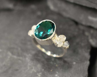 Emerald Bezel Ring, Natural Moonstone Ring, Created Emerald Ring, Vintage Ring, June Birthstone, Silver Emerald Ring, For Her, Rare By Adina