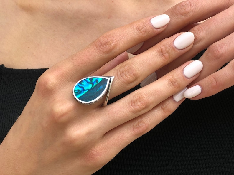 Solid Silver Ring Pearl Shell Ring Mother of Pearl Blue Shell Ring Flat Ring Teardrop Ring Ocean Ring Leaf Ring Blue Green Ring