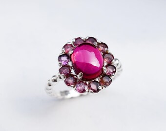 Ruby Flower Ring, Created Ruby, Vintage Ruby Ring, Statement Ruby Ring, Pink Tourmaline Ring, July Birthstone Ring, Antique Ruby Ring