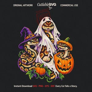 May include: A digital illustration featuring three snakes with Halloween themes. One snake wears a purple witch hat, one is draped in a white ghost sheet, and one sits inside a carved orange jack-o'-lantern pumpkin. Text reads CuttableSVG.
