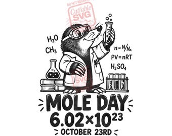 Puede incluir: Una ilustración gráfica en blanco y negro de un topo con gafas de seguridad y bata de laboratorio, sosteniendo un tubo de ensayo. Incluye fórmulas químicas, vasos de precipitados, libros y el texto MOLE DAY 6.02x10^23 OCTOBER 23RD.
