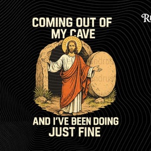 Può includere: Un'illustrazione in bianco e nero di un uomo che emerge da una grotta con il testo "Coming out of my cave and I've been doing just fine".