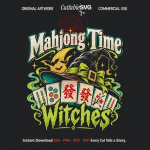 Mahjong Time Witches Halloween Bats SVG PNG Witch Hat Spooky Cricut Svg Mahjong Game Cut File Night Magic Digital Download