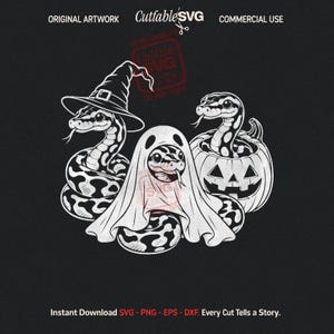 May include: A black and white digital illustration featuring three snakes. One snake wears a witch hat, one is draped in a ghost sheet, and one sits inside a carved jack-o'-lantern. The text CuttableSVG appears at the top of the image.