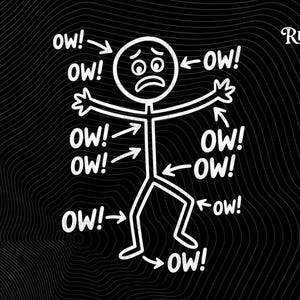 Könnte beinhalten: Eine weiße Strichmännchenfigur mit einem betrübten Gesichtsausdruck, umgeben von Pfeilen, die auf verschiedene Körperteile zeigen, die jeweils mit "ow!" beschriftet sind. Der Hintergrund ist schwarz mit einem wellenförmigen Muster, und das Trend Rusher-Logo befindet sich oben rechts.