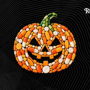 May include: A jack-o'-lantern pumpkin illustration composed of various orange, white, and yellow pharmaceutical pills and capsules, featuring a green pill stem, set against a black background with the text Trend RUSHER in the top right corner.