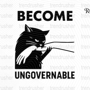 Puede incluir: Gráfico en blanco y negro de un gato mordiendo una mano, con el texto "BECOME UNGOVERNABLE". El diseño es audaz y sencillo, ideal para estampados o merchandising.