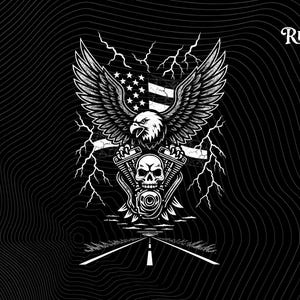 May include: Black and white graphic design featuring an eagle with outstretched wings, an American flag, a skull, and a motorcycle engine. Lightning bolts and a road complete the design. The text "Trend Rusher" is in the upper right corner.