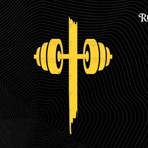 Puede incluir: Diseño amarillo de pesas y cruz sobre un fondo negro con un patrón ondulado. La imagen tiene el texto "Trend Rusher" en la esquina superior derecha. El diseño combina temas de fitness y religiosos.