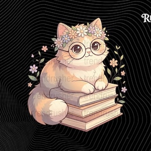 May include: A cartoon illustration of a cat wearing glasses and a flower crown, sitting atop a stack of books. The cat is light orange and white, with a black background and the text "Trend Rusher".