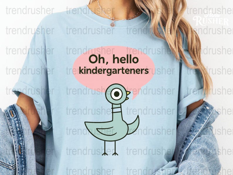 Cute Duck Teacher T-shirt, Oh Hello Kindergarteners, Trendy Graphic Tee, Light Blue Casual Top for Educators