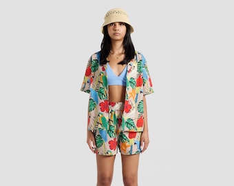 à imprimé oiseaux exotiques pour femme | Chemise Hawaï | Chemise à manches courtes avec col officier | Chemise de fête | Chemise de vacances surdimensionnée | Chemise décontractée