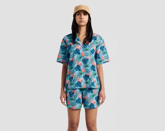 Chemise imprimée flamants roses pour femme | Chemise Hawaï | Chemise à manches courtes avec col officier | Chemise de fête | Chemise de vacances surdimensionnée | Chemise tropicale décontractée