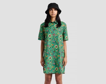 Robe chemise verte à imprimé tapis magique | Robe d'été | Robe chemise boutonnée à manches courtes | Robe de soirée| Robe de plage | Robe décontractée