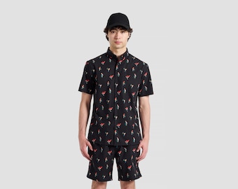 Chemise à imprimé micro perroquets | Chemise boutonnée à manches courtes | Chemise hawaïenne | Chemise de fête | Cadeau petit ami | chemise de vacances | Imprimé tropical