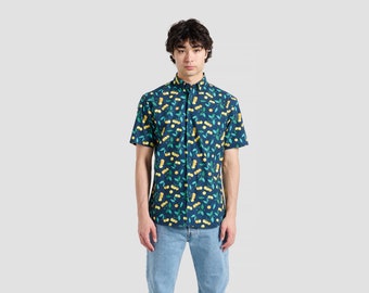 Yellow Cherry Print Shirt | Short Sleeve Button Up Shirt | Hawaiian Shirt | Party Shirt | Boyfriend Gift | Vacation Shirt | Casual Shirt