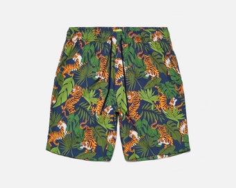 Short imprimé tigres | Short hawaïen | Short de voyage| Short d'été | Short en coton | Short de plage | Short de fête | Cadeaux pour lui | Fleurs