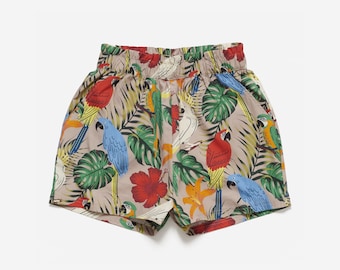 Women's Exotic Birds Pull-On Shorts| Hawaii Shorts| Paperbag Waist Shorts | Party Shorts| Vacation Shorts | Casual Everyday Shorts