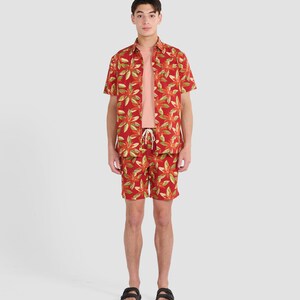 Red Lilies Print Shirt: Peached Cotton Vacation Shirt