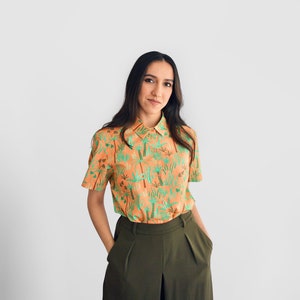 Women's Desert Plants Printed Casual Button-Up Short Sleeve Shirt