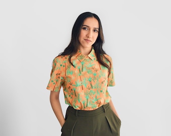 Women's Desert Plants Printed Casual Button-Up Short Sleeve Shirt