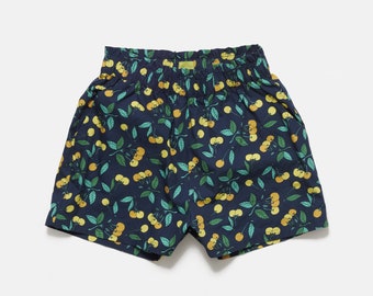 Short femme fleurs cerises jaunes| Short Hawaï| Short froncé à taille froncée | Short de fête| Shorts de vacances | Short décontracté de tous les jours