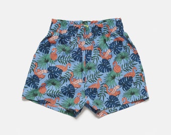 Short à enfiler Flamants roses pour femme| Short Hawaï| Short froncé à taille froncée | Short de fête| Shorts de vacances | Short décontracté de tous les jours