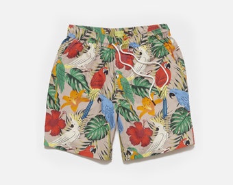 Short imprimé oiseaux exotiques | Short hawaïen | Short de voyage| Short d'été | Short en coton | Short de plage | Short de fête | Cadeaux pour lui